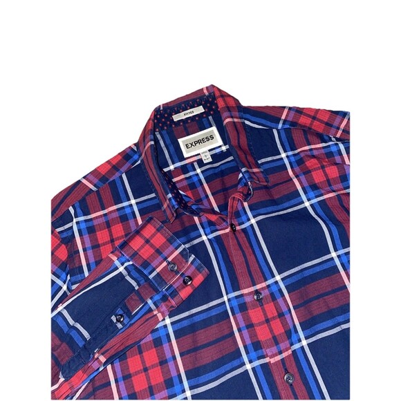 EXPRESS Men’s Fitted Button Up Dress Shirt Plaid Long Sleeve Shirt, Size Large - Picture 1 of 5
